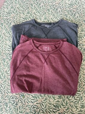 Two GAP Long Sleeve Crewneck Shirts - Burgundy and Charcoal